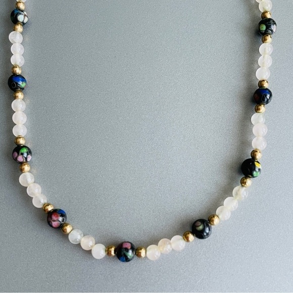 14k Gold Vintage Cloisonné & Pink Agate Beaded Necklace - Picture 1 of 6